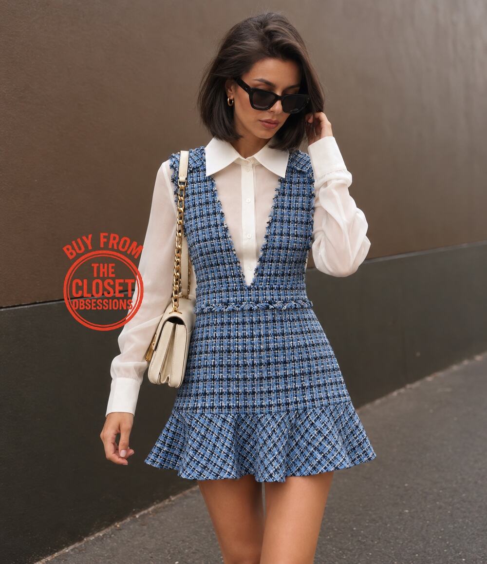 Zara NWT Blue Tweed Pinafore Mini Dress L